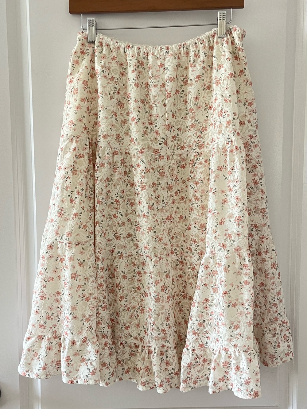 Lush Cream Midi Skirt with Pink Floral Print - Picture 2 of 7